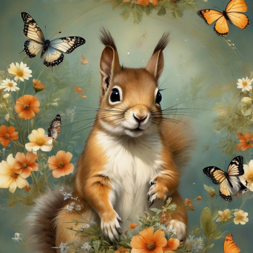 Squirrel Portrait with Wildflowers in Fantasy Art Style