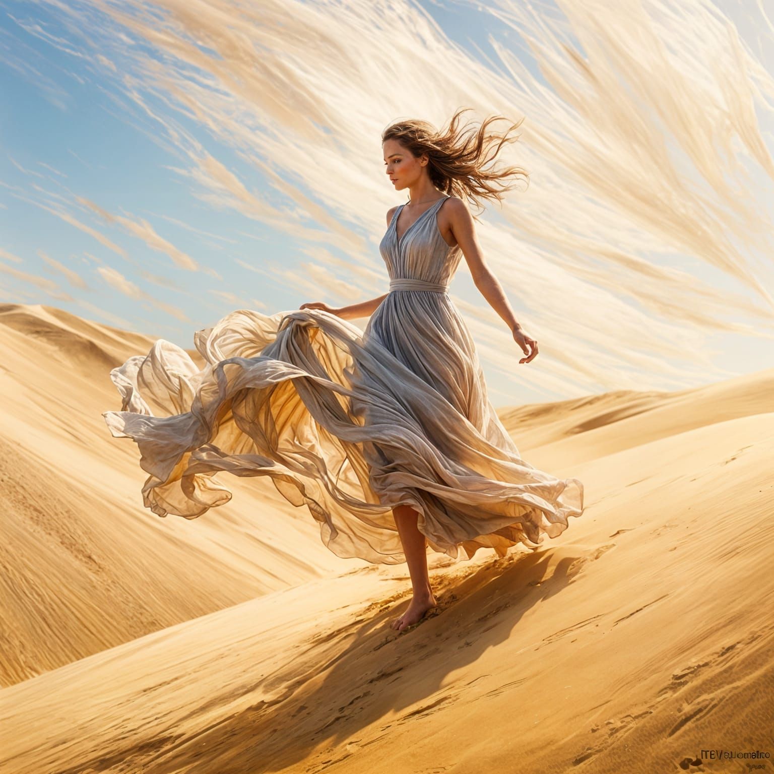 Girl Climbing a Sand Dune in Tattered Dress