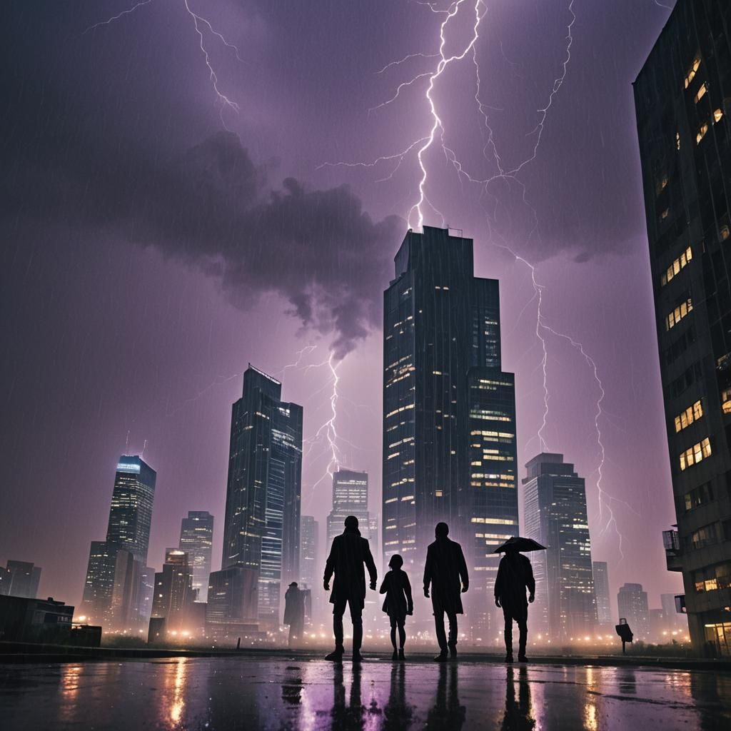 Dark Cityscape at Night, with Ominous Silhouettes Dancing in...