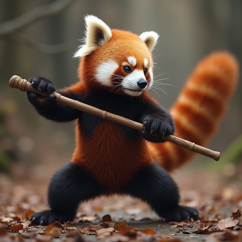 Red Panda Kung Fu Master Fights with Quarterstaff