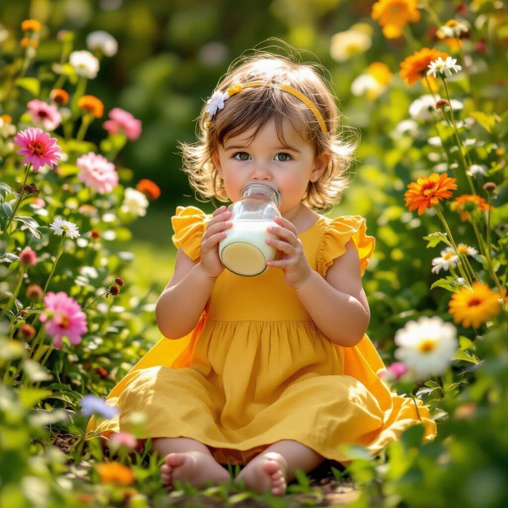 Toddler Drinking Milk, Storybook Illustration Style
