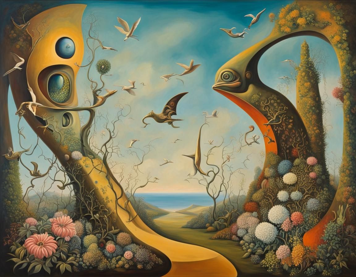 Surreal Garden with Bizarre Monuments in Oil