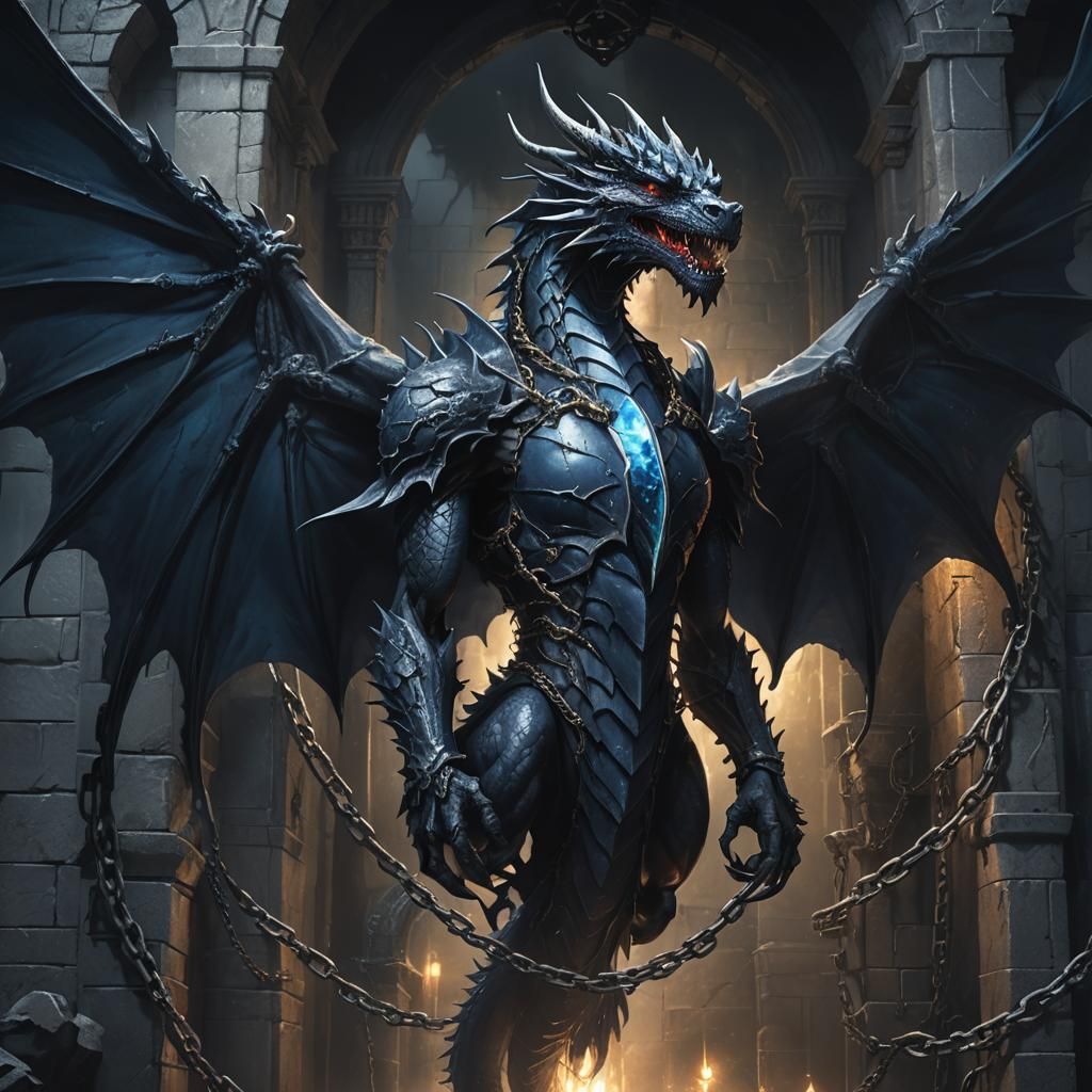 Dark Blue Dragon Chained in Gothic Structure