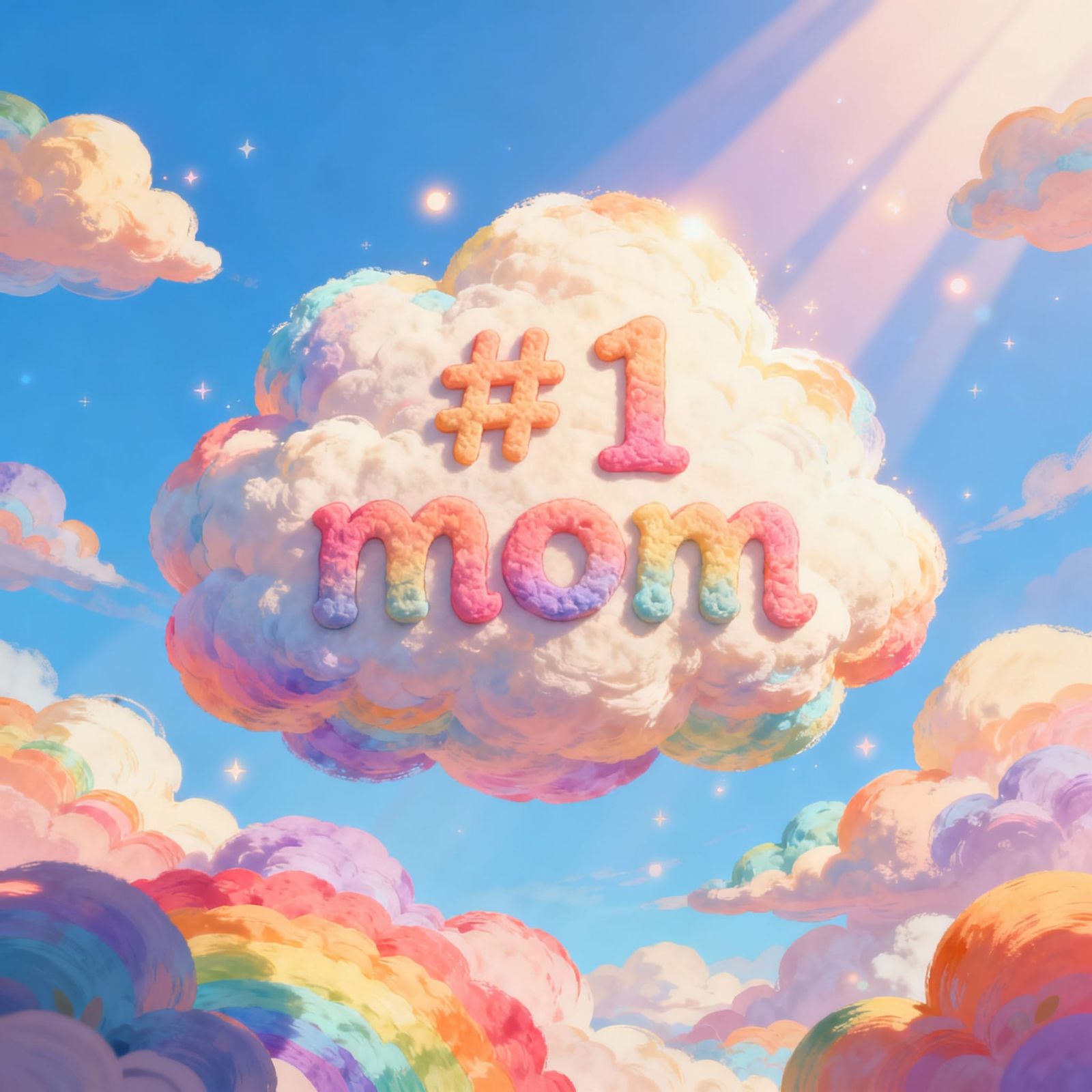 Rainbow Clouds Form "#1 Mom" Message in Whimsical Sky