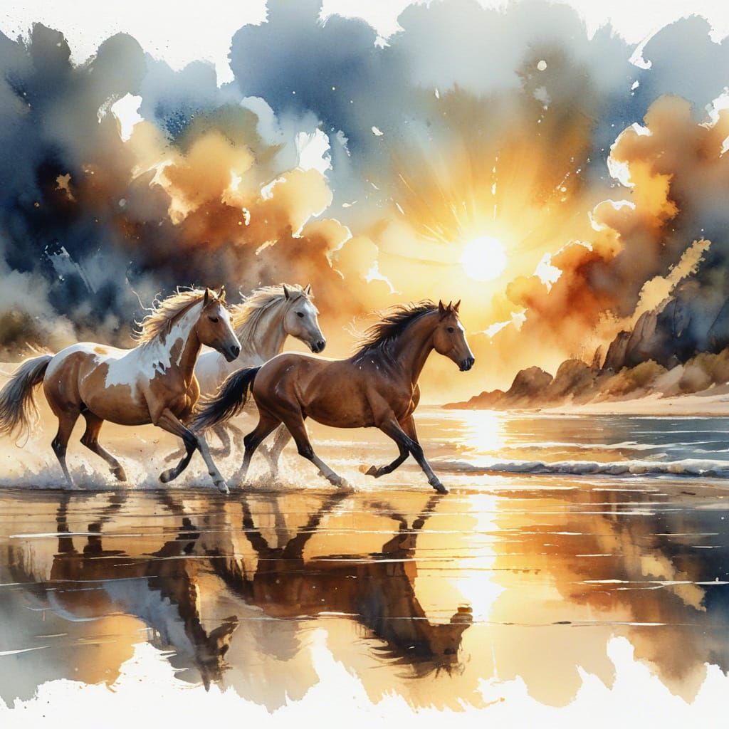 Watercolor Horses Running on Beach at Sunset