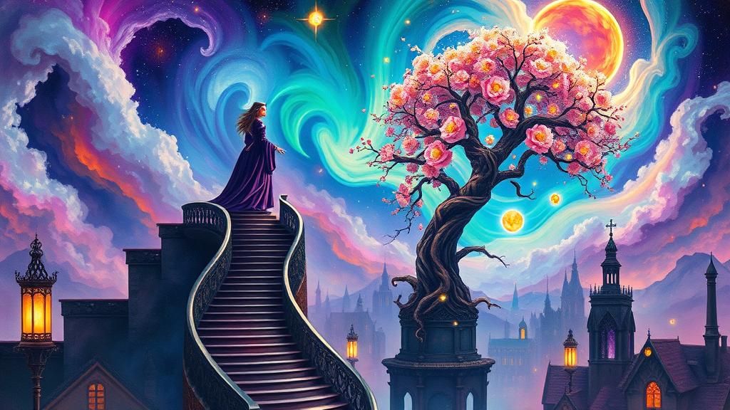 Mystical Sorceress in Escher Citadel Under Aurora