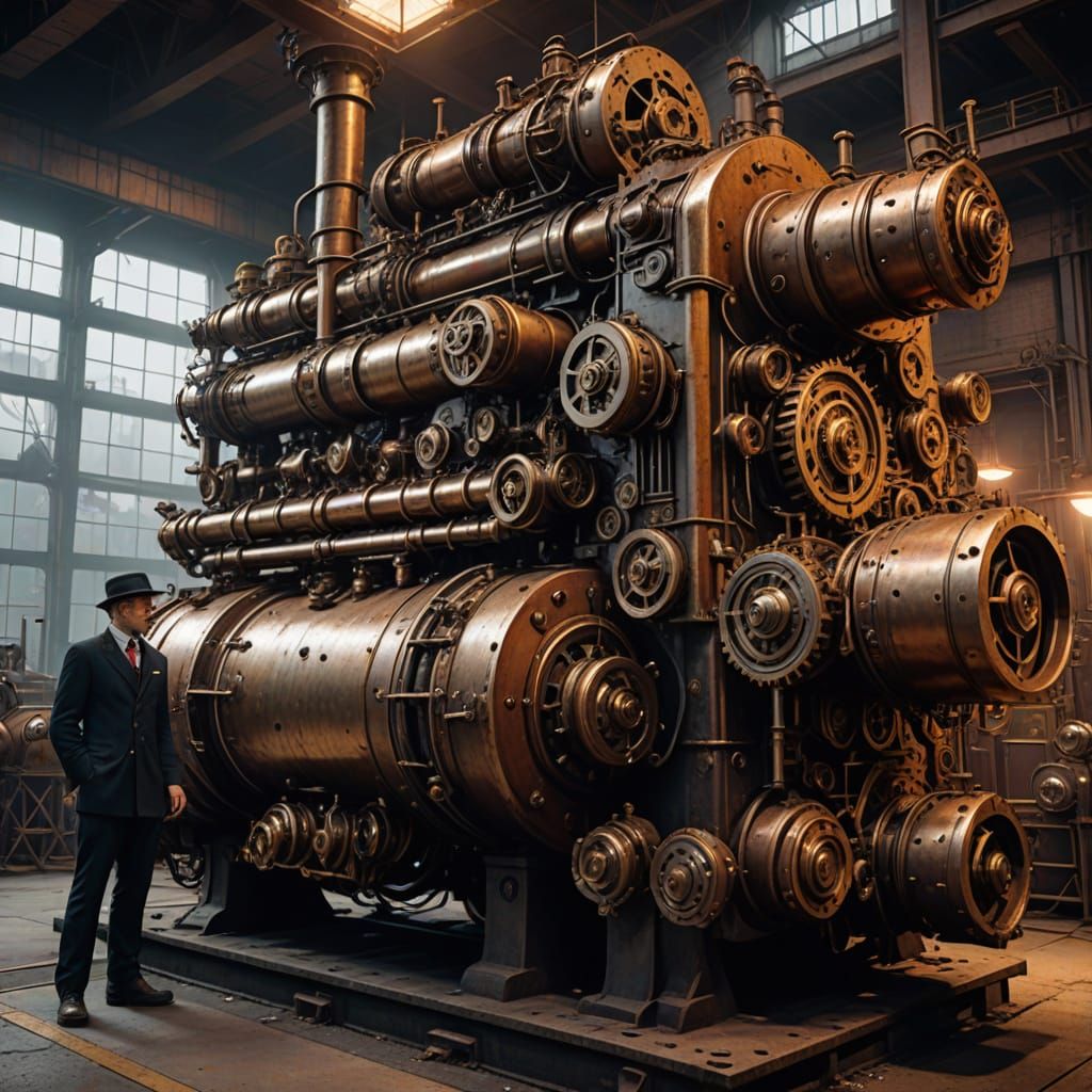 Steampunk Hero Stands Proud Beside Vintage Industrial Engine