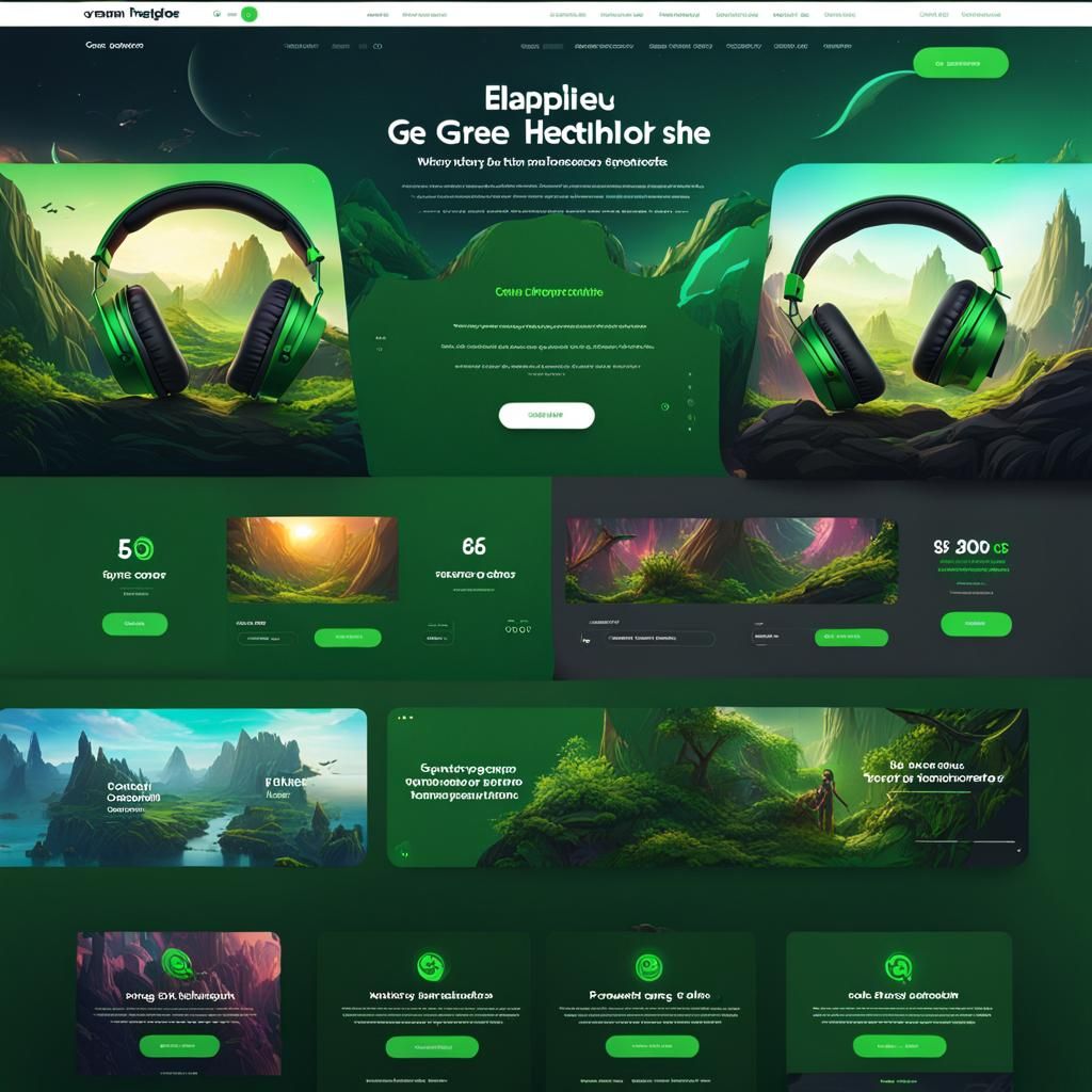 E-commerce Landing Page for Green Headphones: Fantasy Art