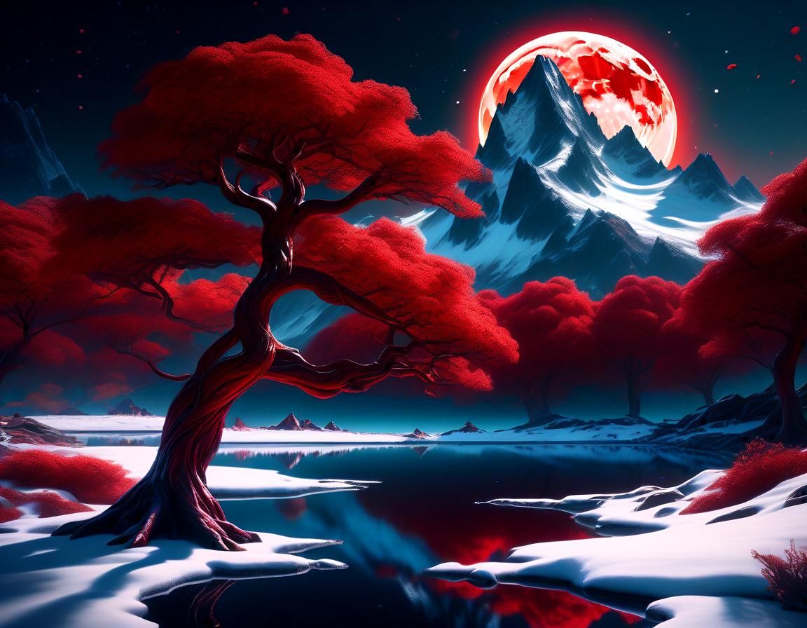 Mystical Red Landscape with Radiant Moon