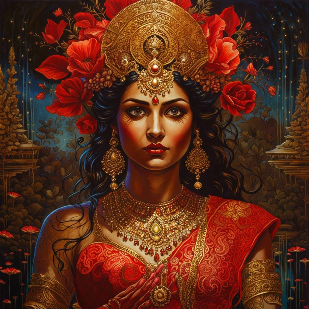 Bioluminescent Goddess Lakshmi in Mirrored Reflection