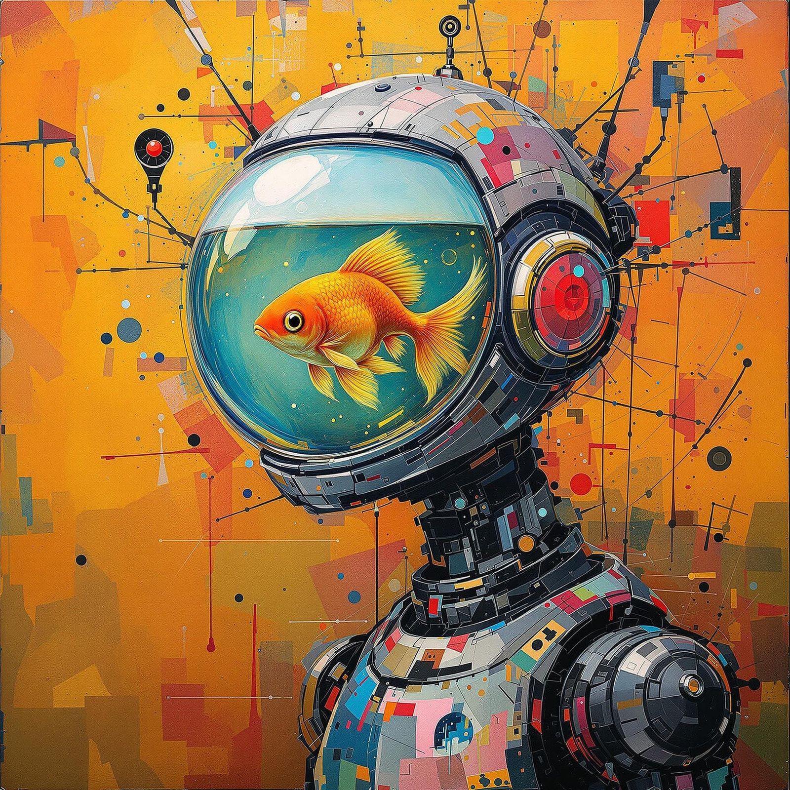 Robot with Goldfish Bowl Head: Surreal Impasto Art
