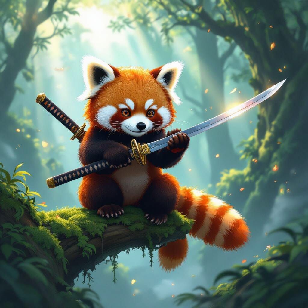 Cute Red Panda Wielding Katana in Ancient Forest