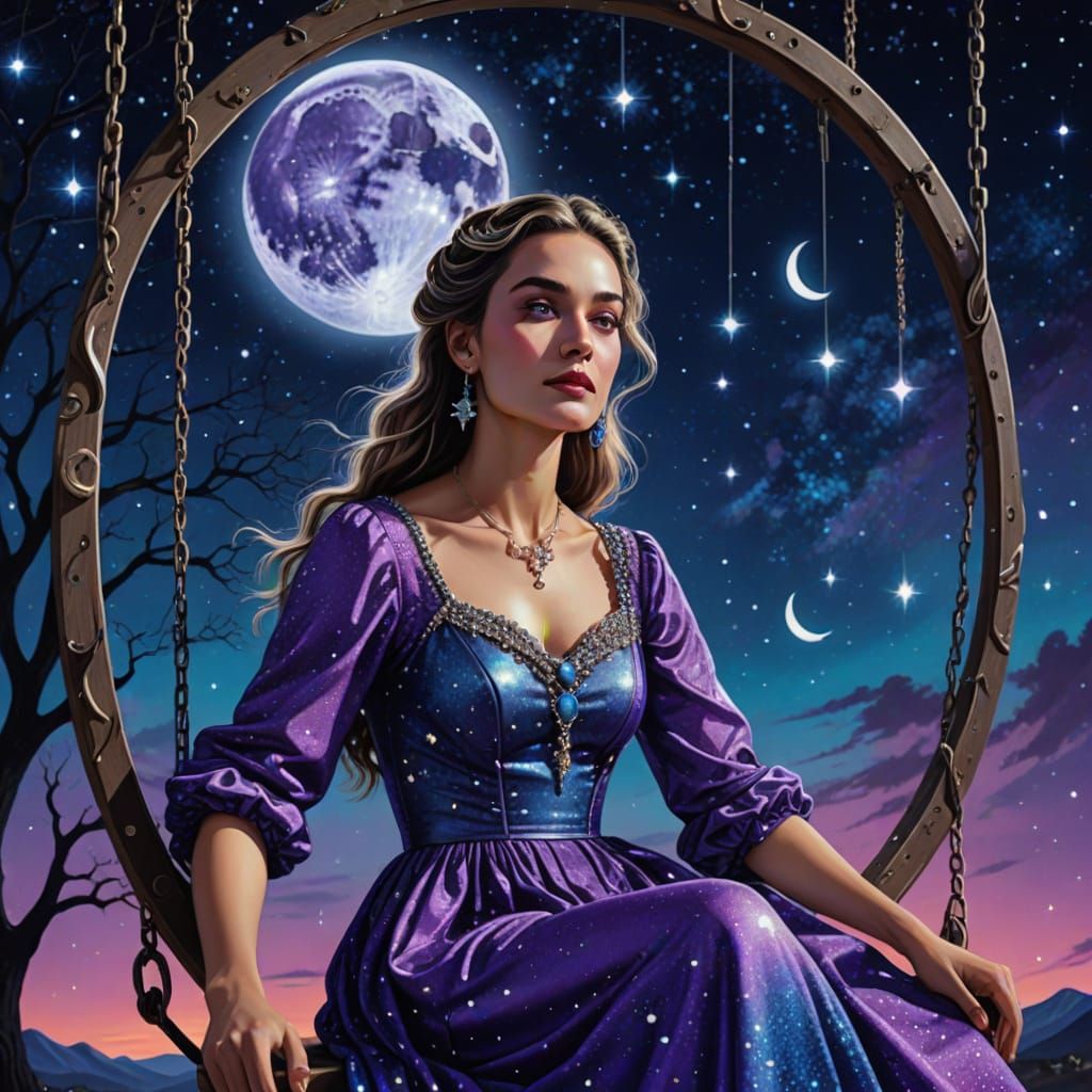 Dreamy Surrealism: Woman on Swing Under Moon