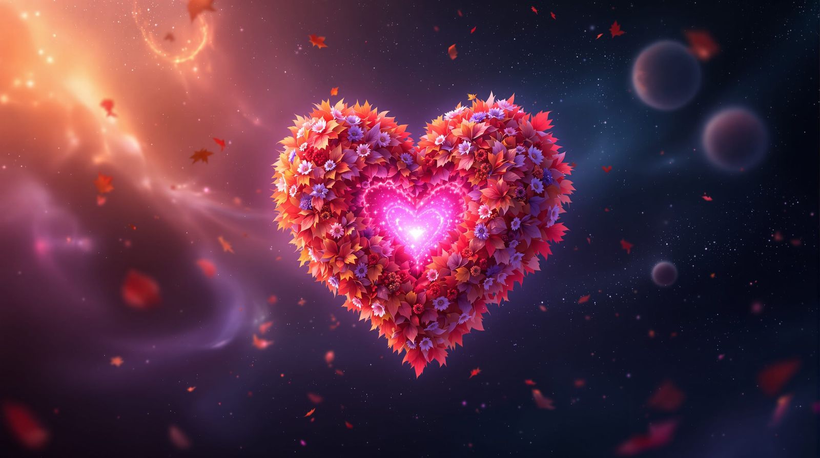 Ethereal Heart of Leaves and Flowers in Cosmic Void