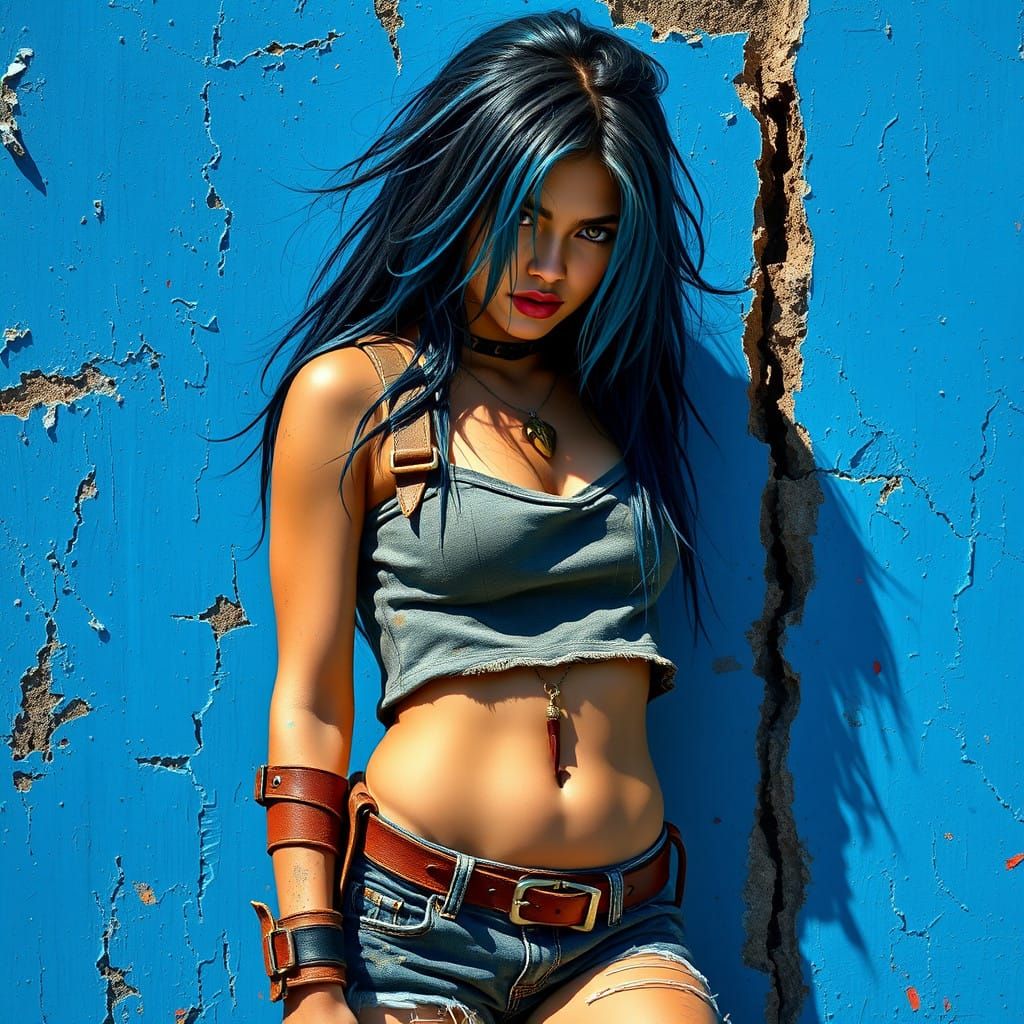 Rebellious Puerto Rican Woman in Vibrant Blue Wall Art