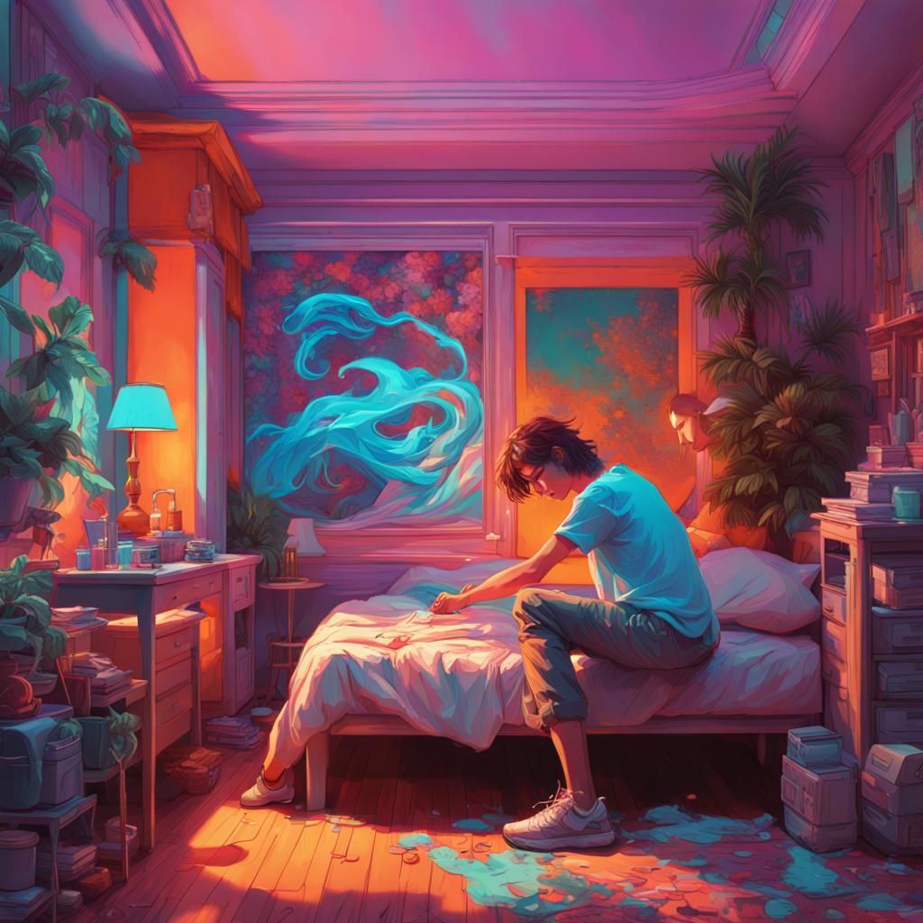 Vaporwave Teenager Painting a Miniature Bedroom