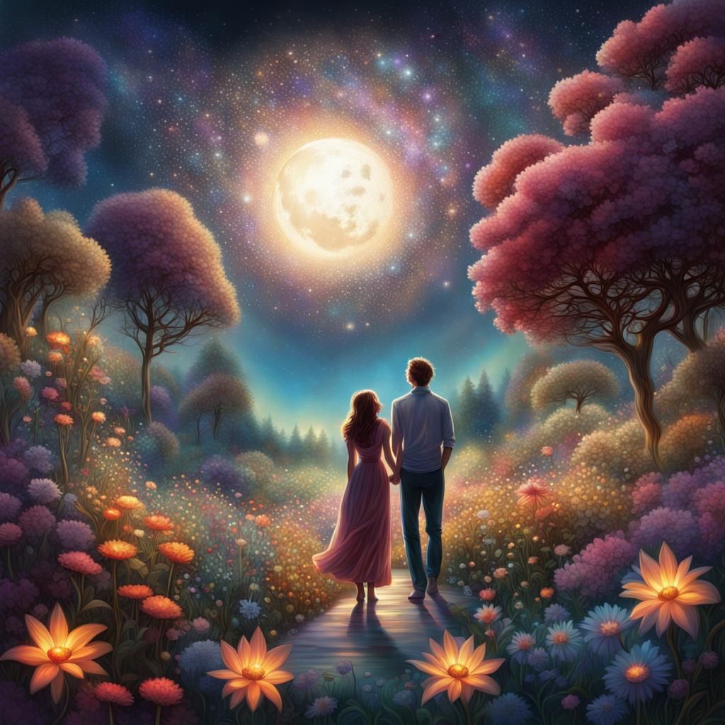Couple Stargazing in Jeweled Flower Garden
