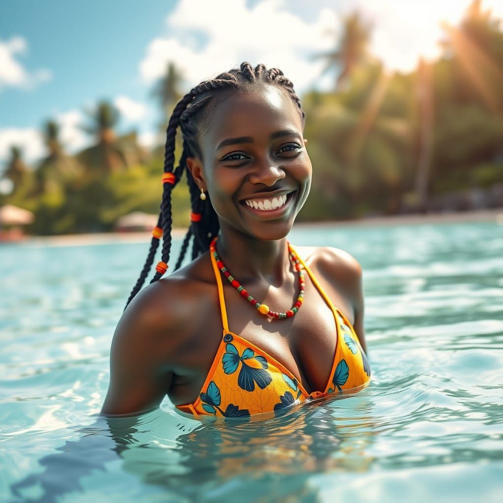 Smiling Woman Emerges from Tropical Water