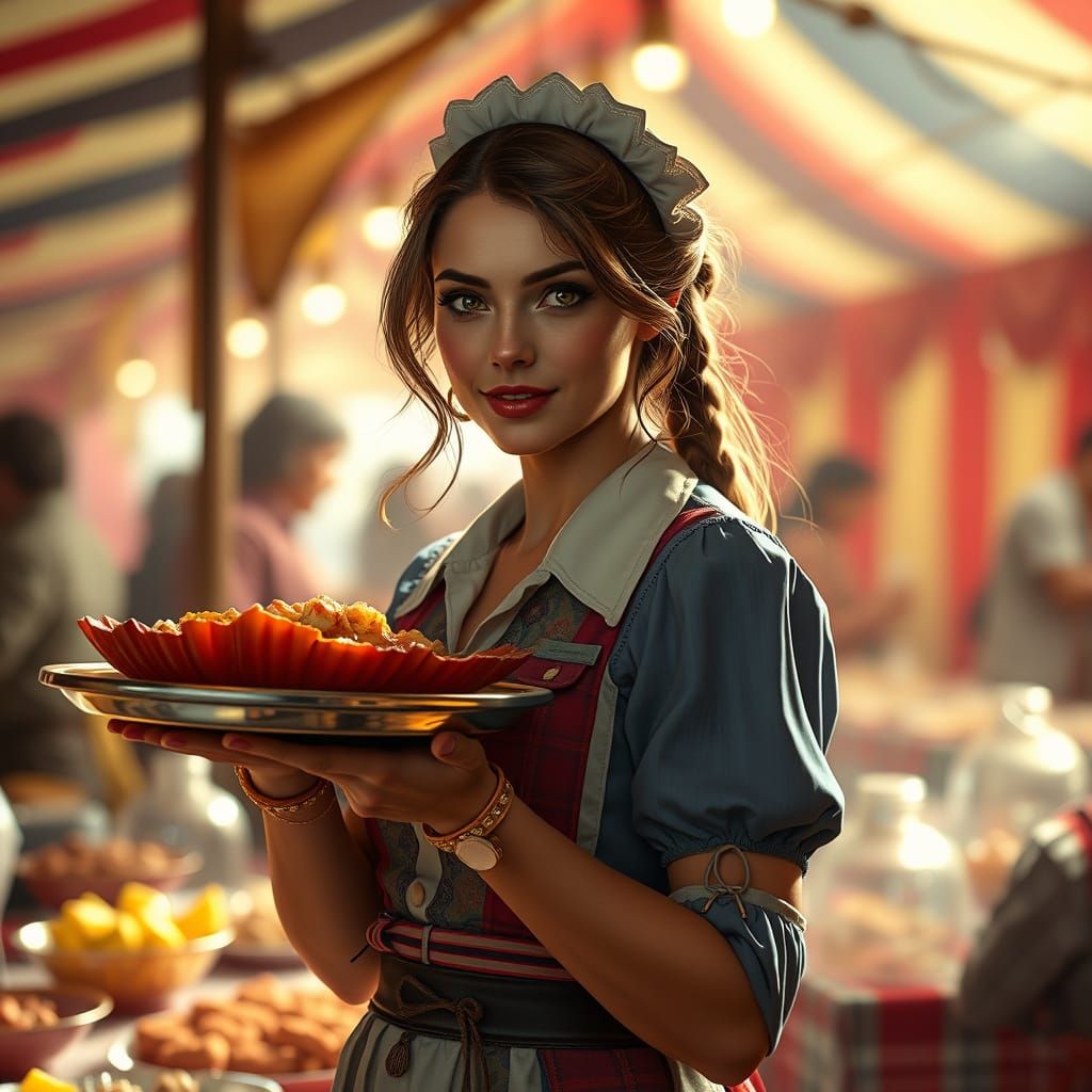 Young Hostess Serves at Retro Fair in Hyperrealistic Style