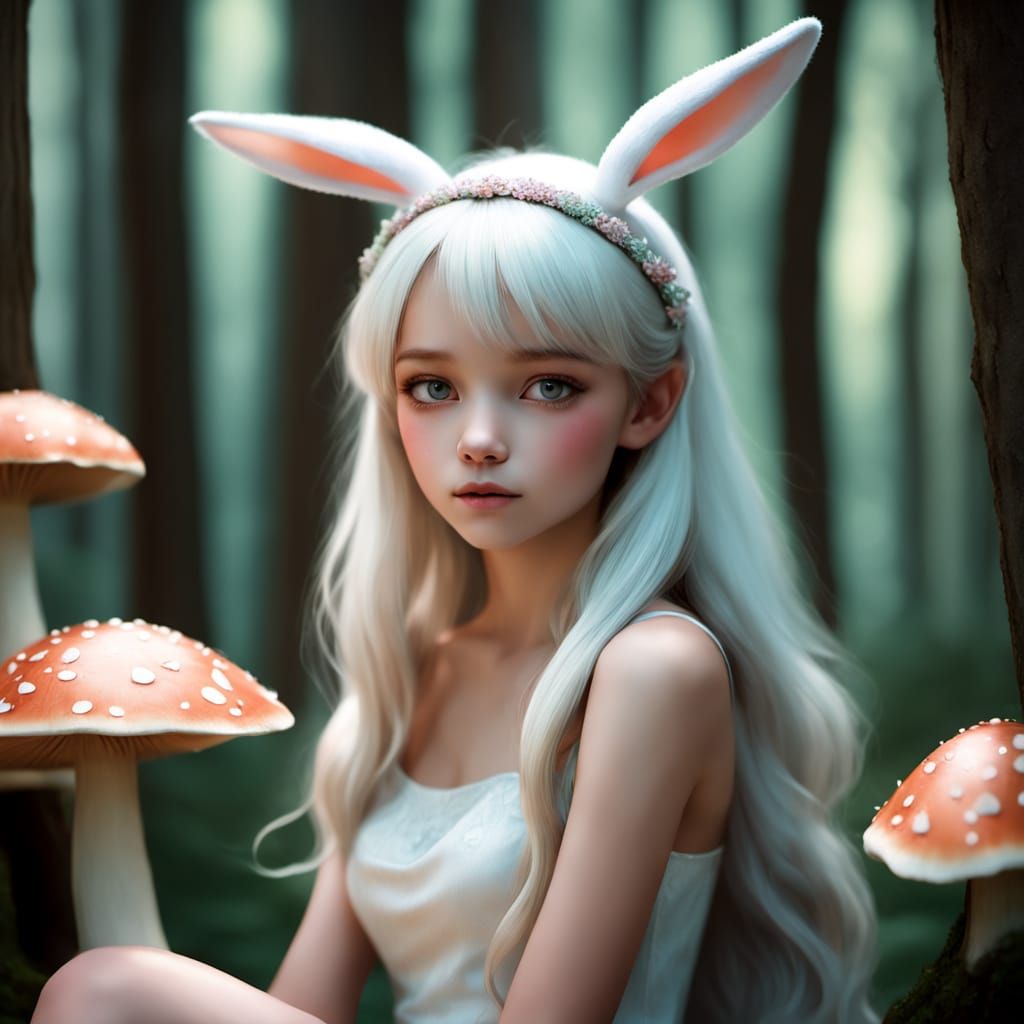 Whimsical Girl in Bunny Ears in Enchanted Forest