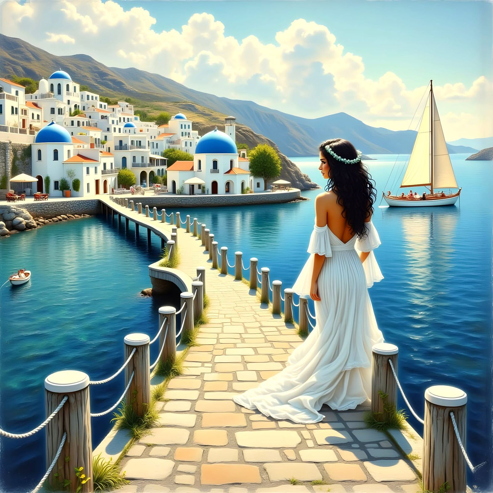 Santorini Sunset Beauty Watches Luxury Yacht in Rustic Pier