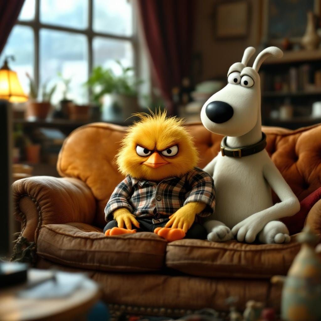 Chick with Wallace and Gromit in Claymation Style
