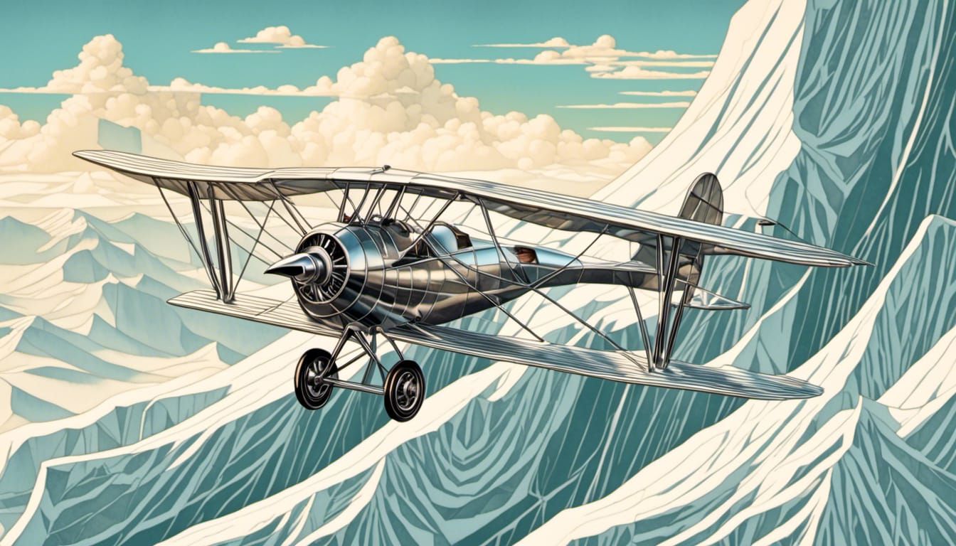 Art Deco Biplane Soaring Over Glacier