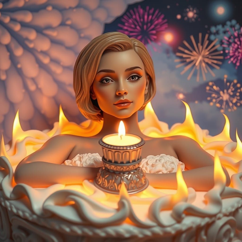 Surreal Woman in Ethereal Flames and Clouds