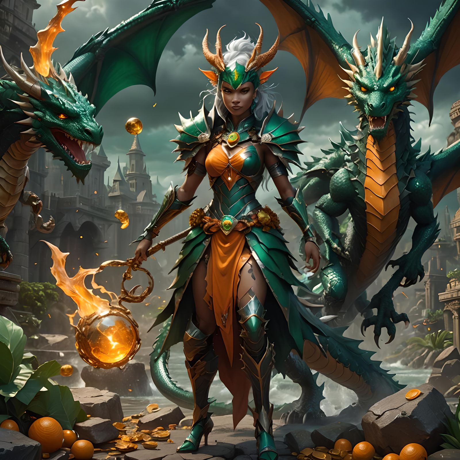 Anthropomorphic Dragon Girl Surrounded by Treasure