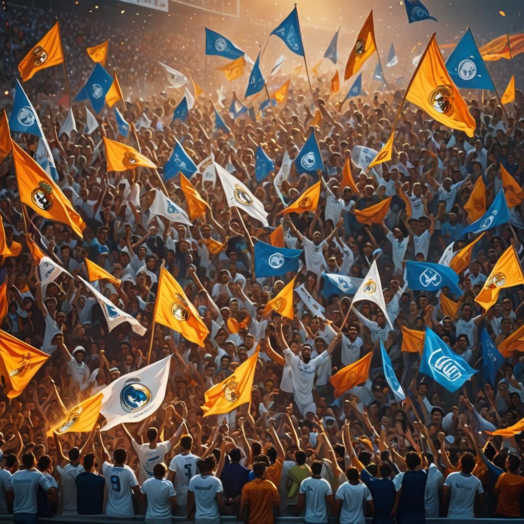 Real Madrid Fans Cheering in Stadium, Oil Painting Style