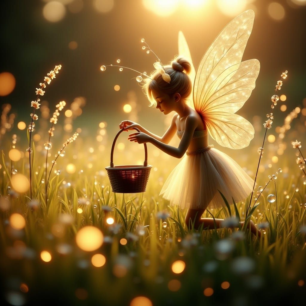 Golden Fairy Gathering Dew at Sunrise