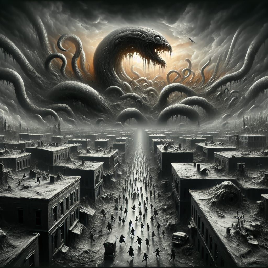 Surreal Monster Devouring Town in Dark, Photorealistic Style