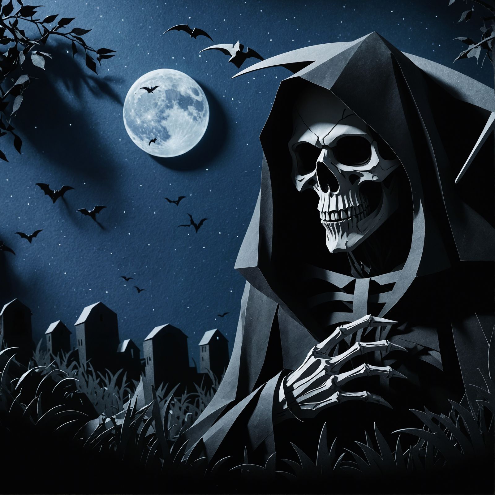 Paper Grim Reaper in Graveyard at Night
