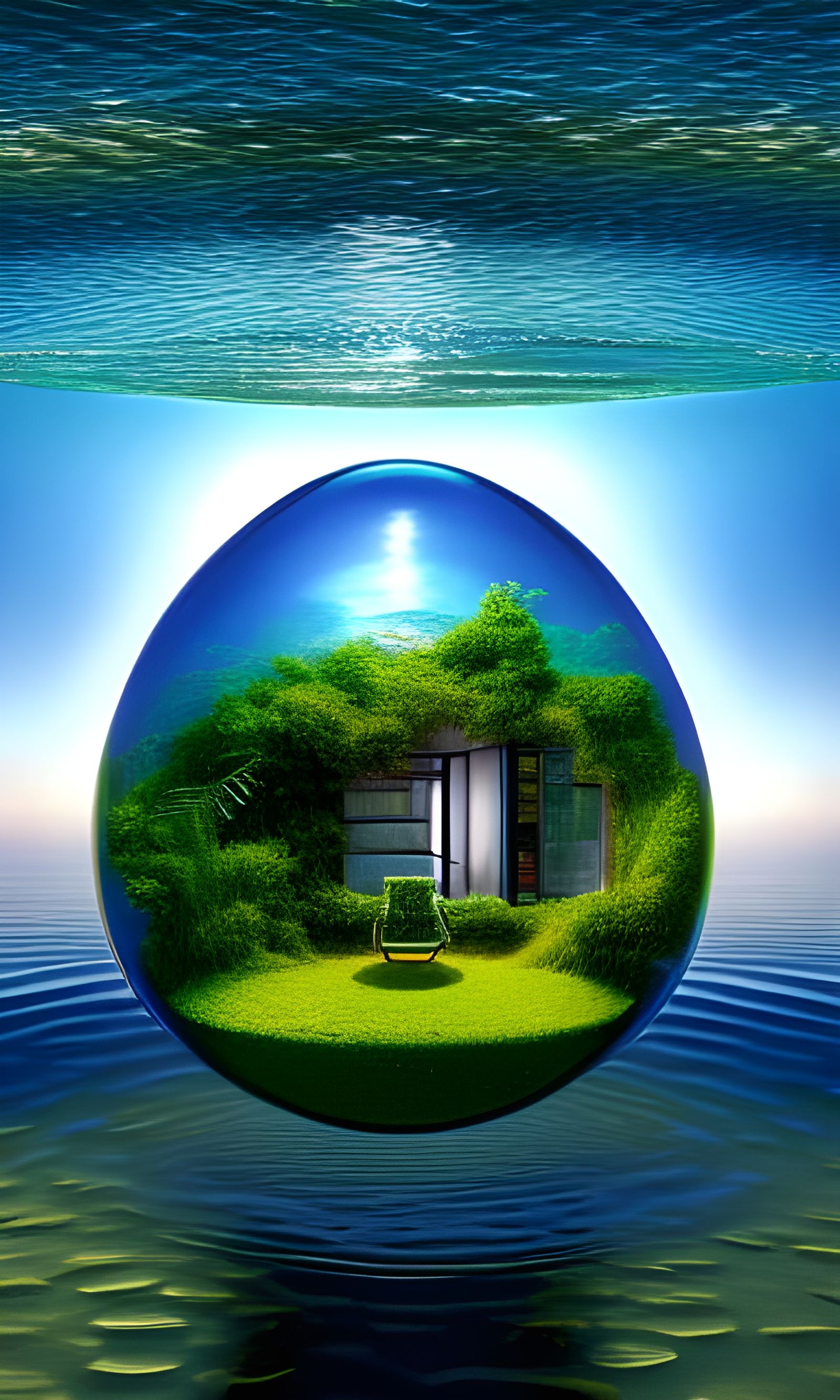 Resort Inside Water Droplet: Hyperrealistic Acrylic Painting