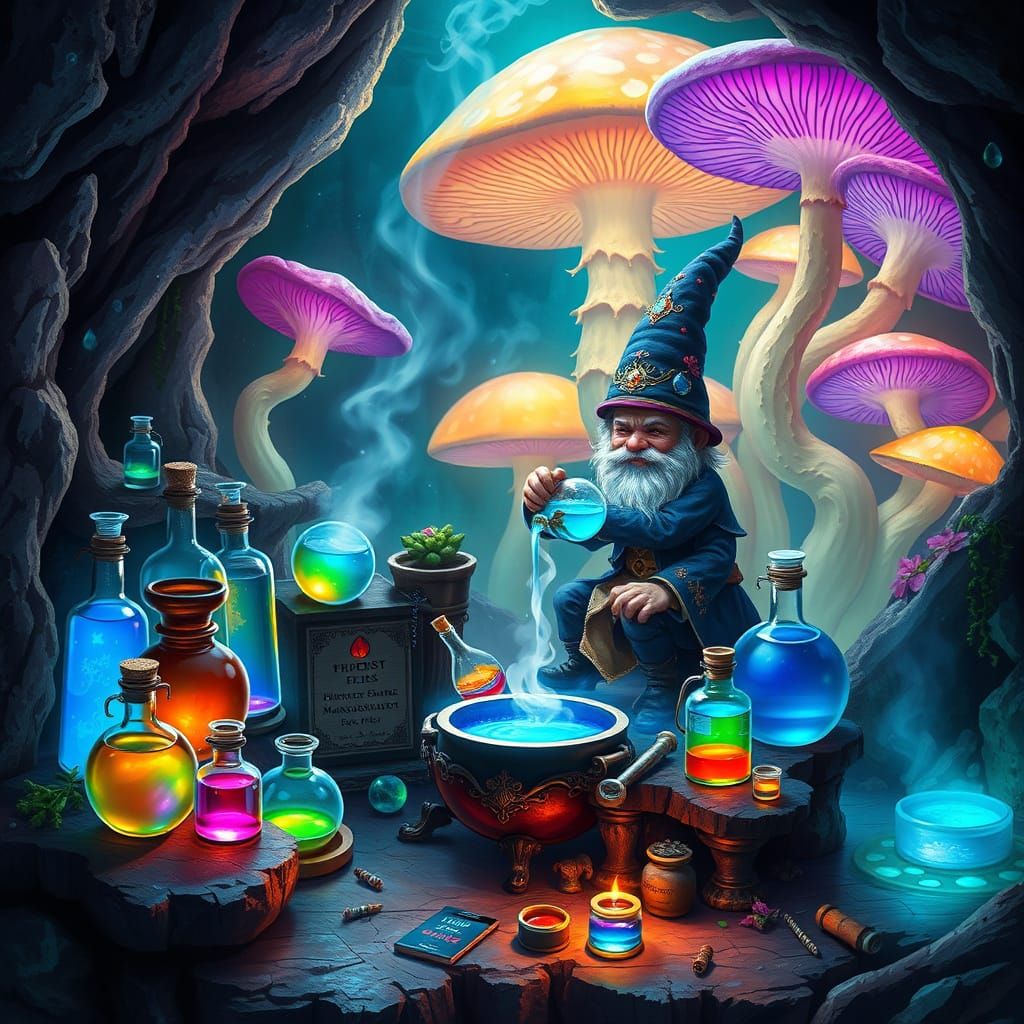 Surreal Gnome Alchemist in Bioluminescent Cavern