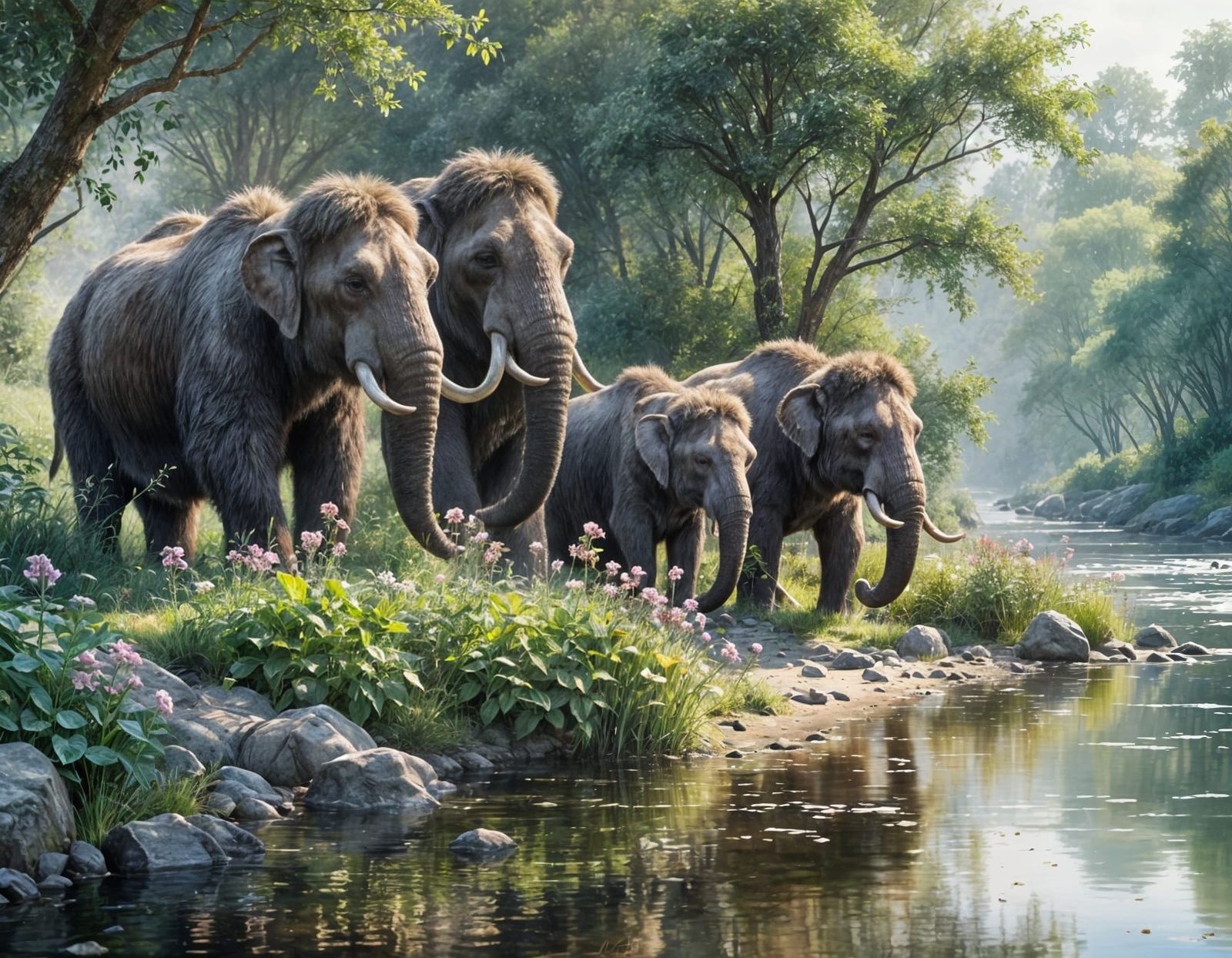 Woolly Mammoths Relaxing by a River in Watercolor