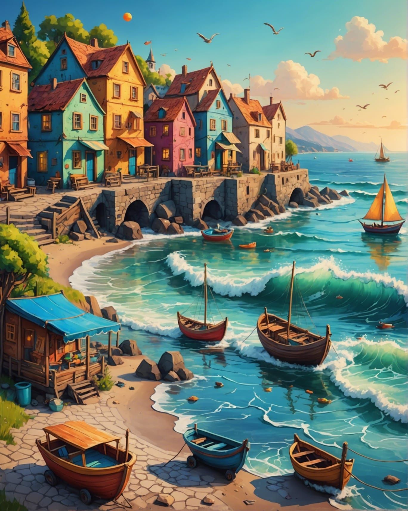 Magical Seaside Village in Iridescent Ink Drawing