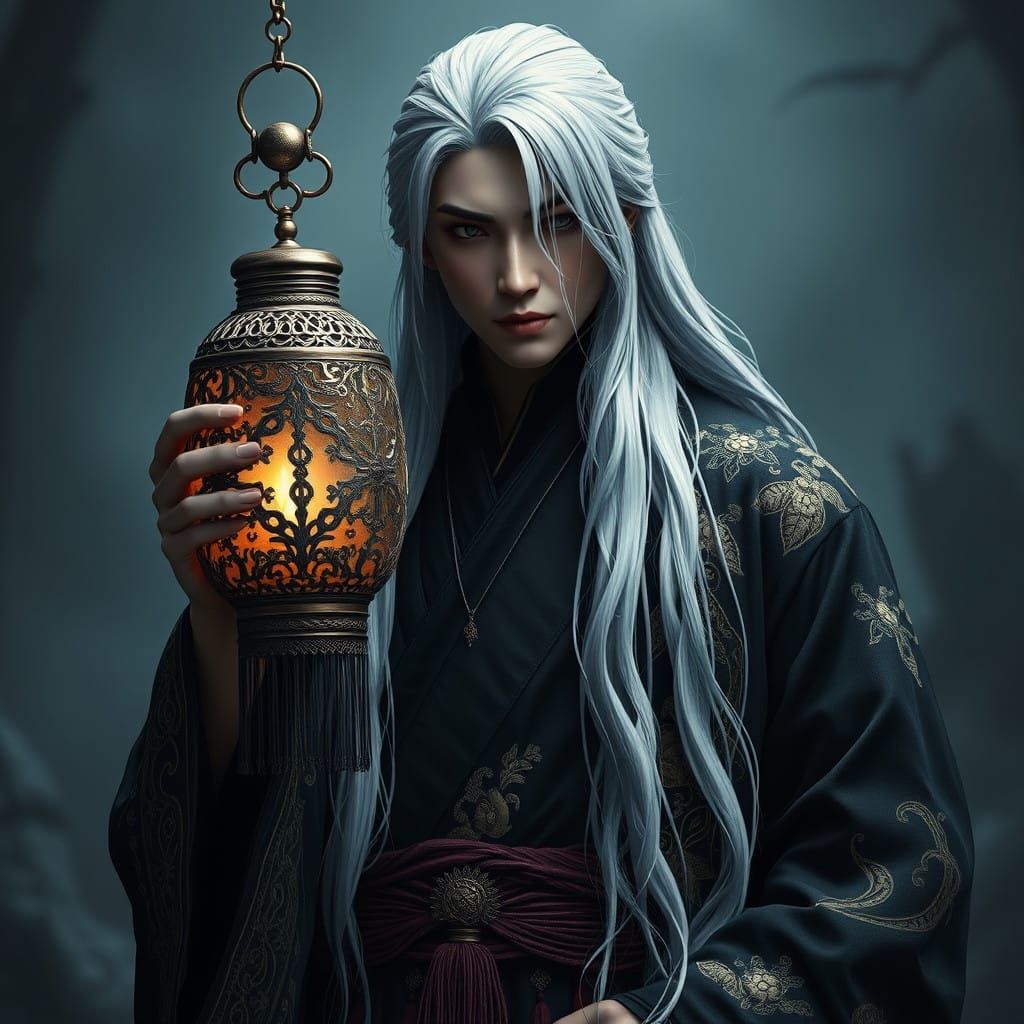 Mysterious Figure Holds Vintage Lantern in Haunting Landscap...