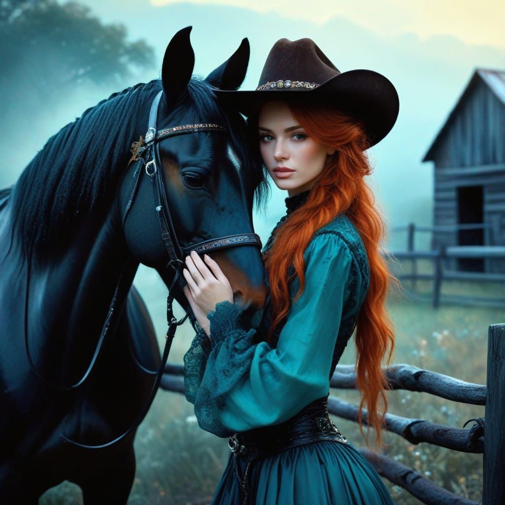 Elegant Lady with Her Majestic Black Stallion in a Western S...