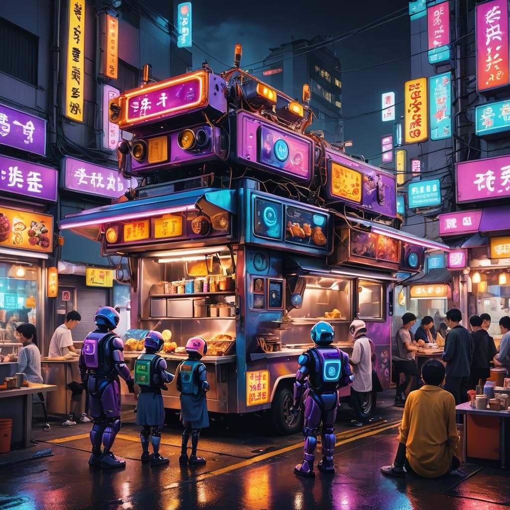 Robots Serve Food in Tokyo: Sci-Fi Digital Painting