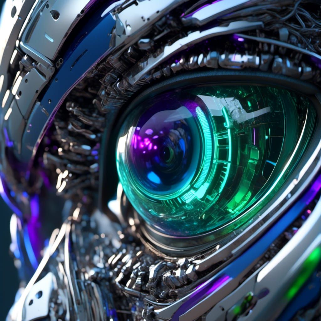 Iridescent Robotic Eye Close-up in Metallic Silver