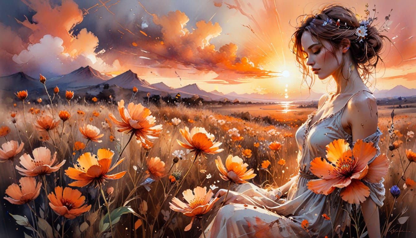 Sunset Flower Watercolor in Haenraets Style