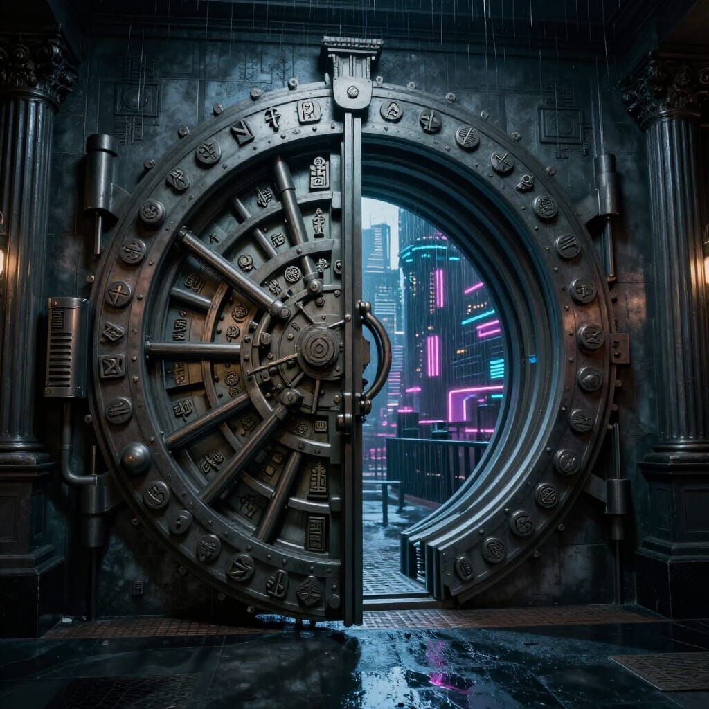 Dystopian Bank Vault Opens to Neon Cityscape