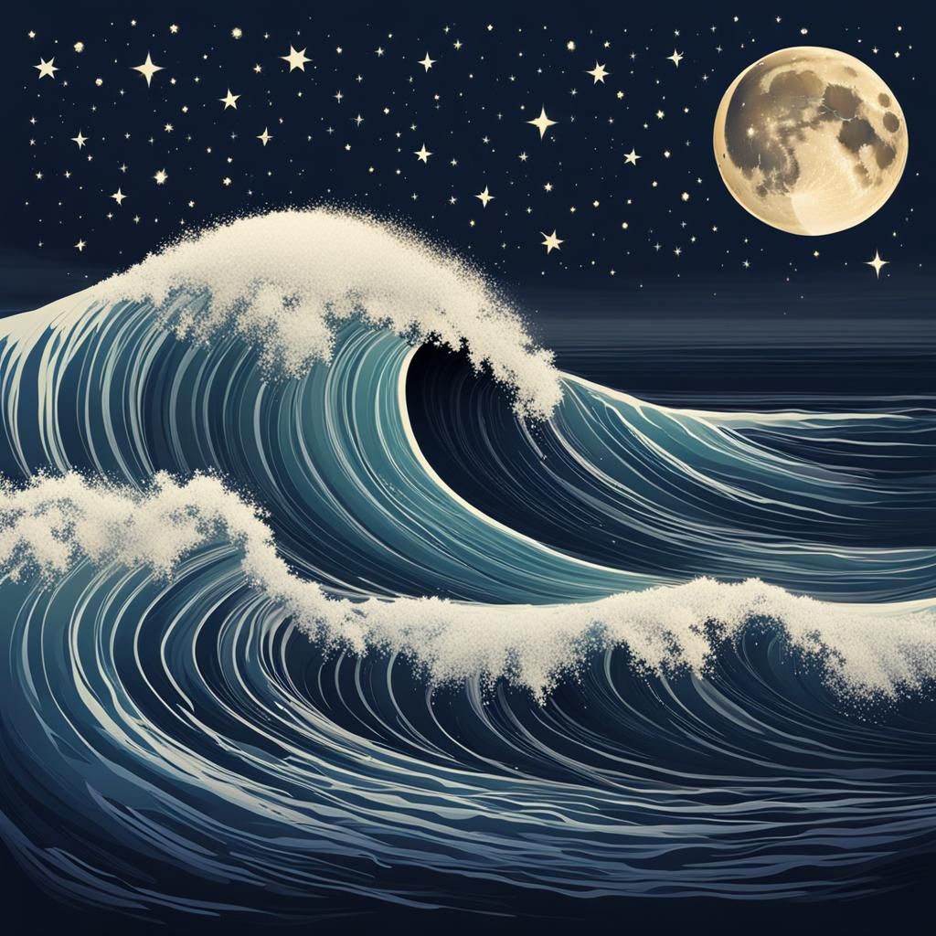 Moonlit Night Wave Reflecting Starlight