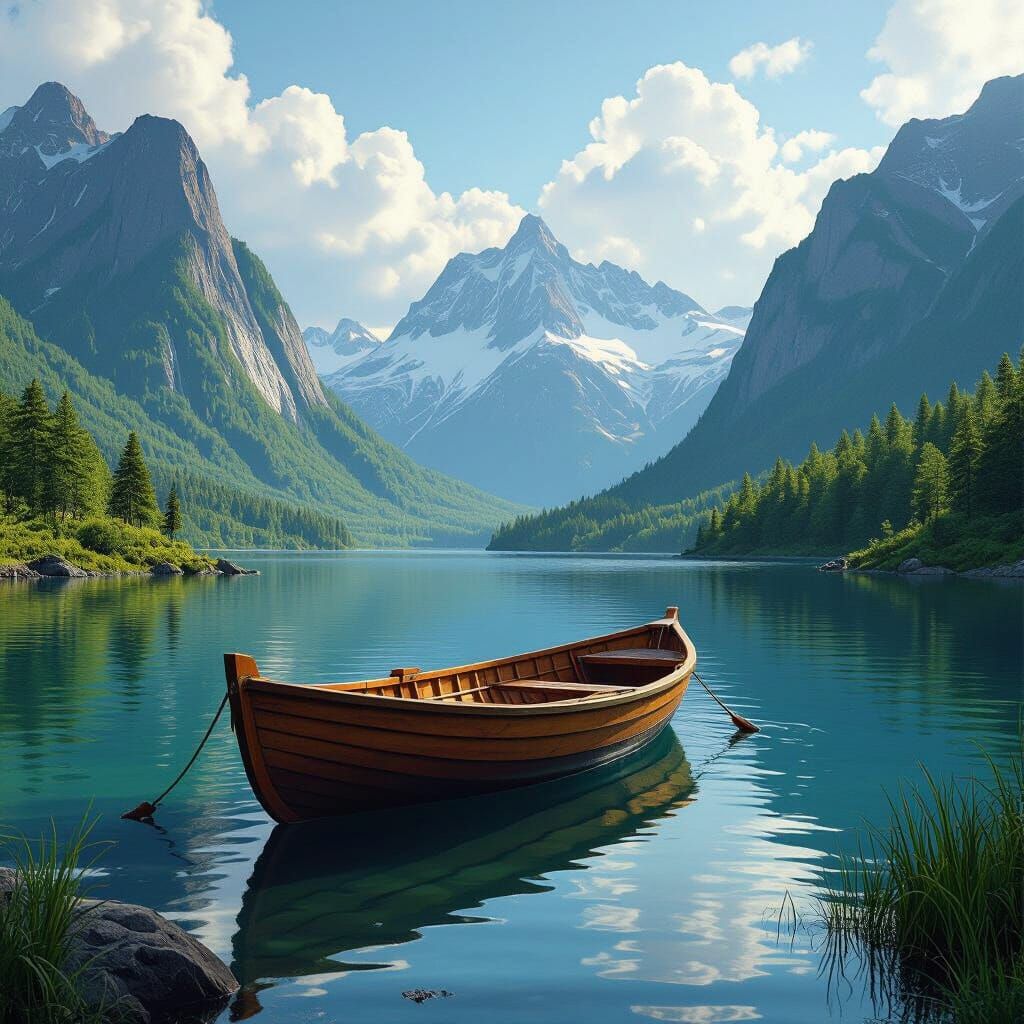 Serene Lake Landscape with Boat in Matte Painting Style