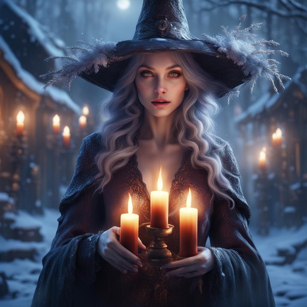 Ethereal Winter Witch with Candles as Impressionistic Painti...