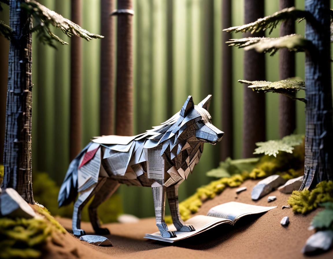 Recycled Newspaper Wolf Diorama: Still Life Photography