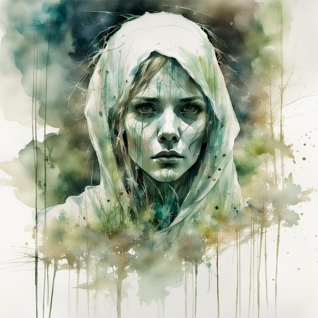 Ethereal Ghost in Village Green: Watercolour Art