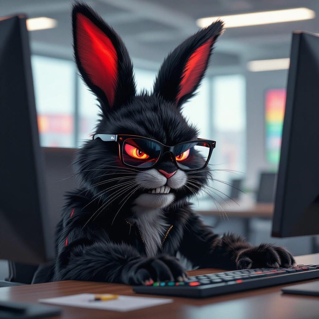 Angry Striped Bunny at Computer: Hyperrealistic Concept Art