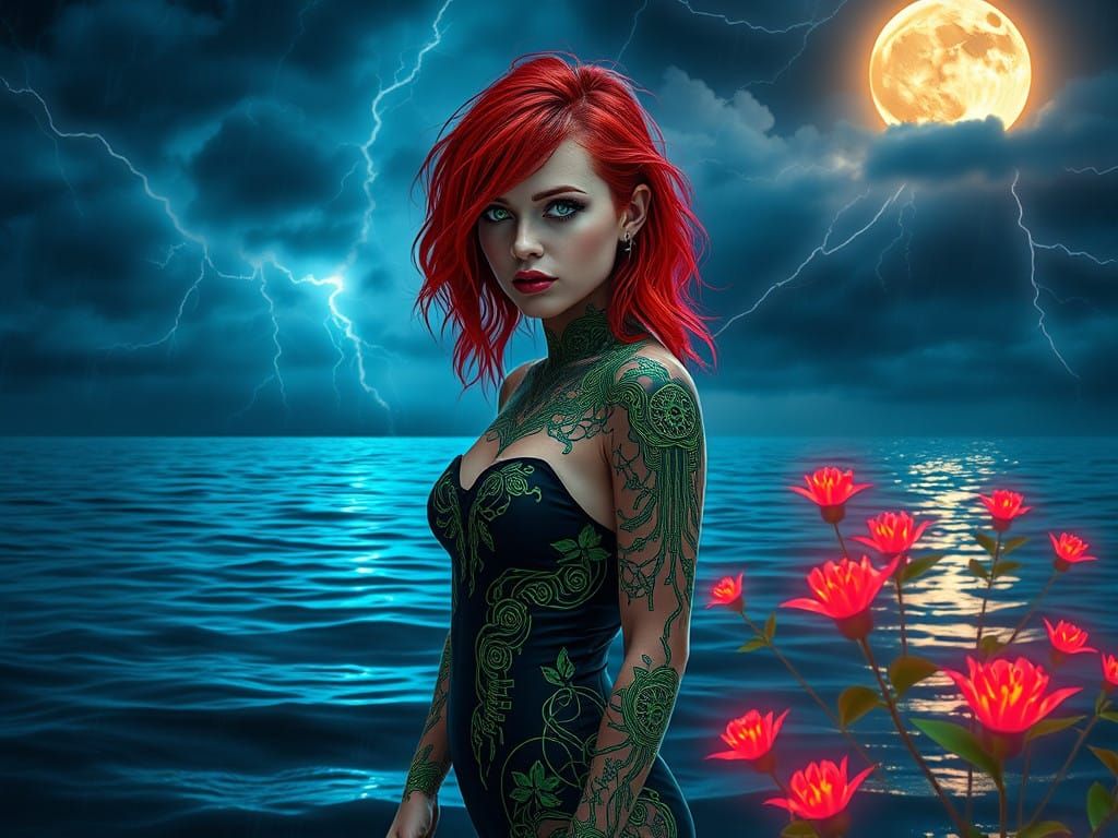 Cyberpunk Goddess Amidst Bioluminescent Bloom